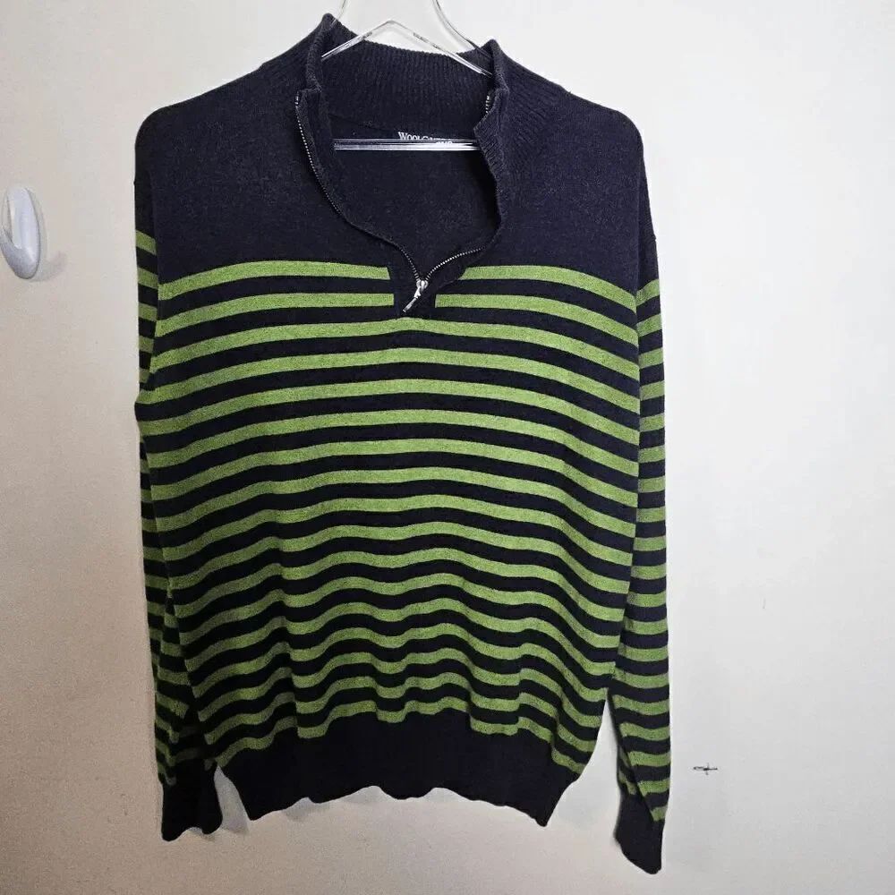 Woolovers Cotton/Cashmere Blend Quarter Zip Striped Sweater Men's Black/Green Si